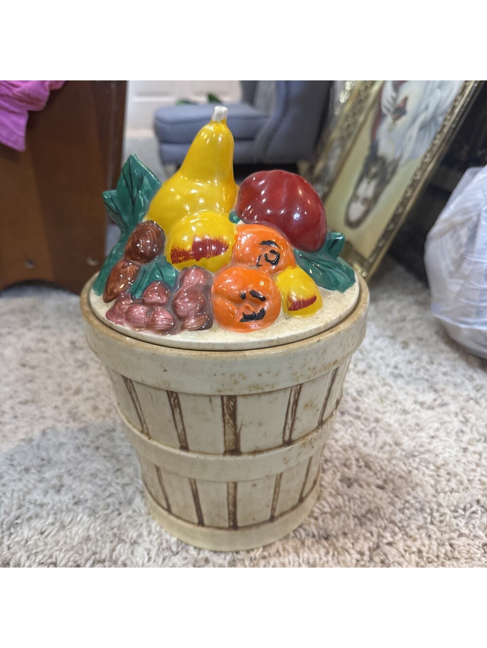 Vintage McCoy Pottery Fruit Apples Pears Peaches Bushel Basket Cookie Jar USA